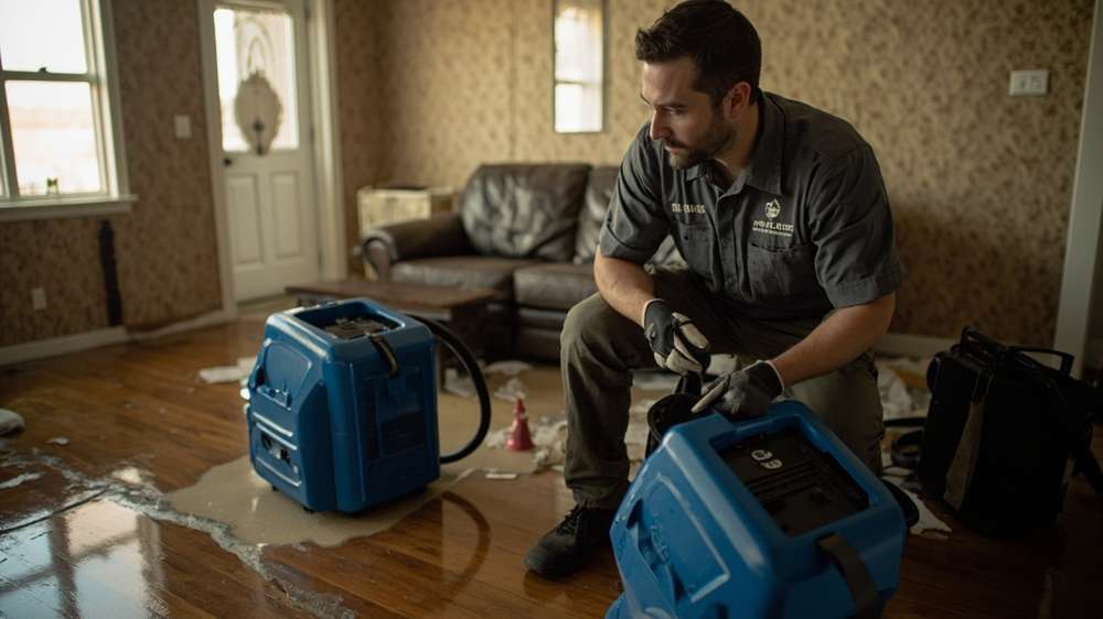 Restoration technician drying a water-damaged room in Austin